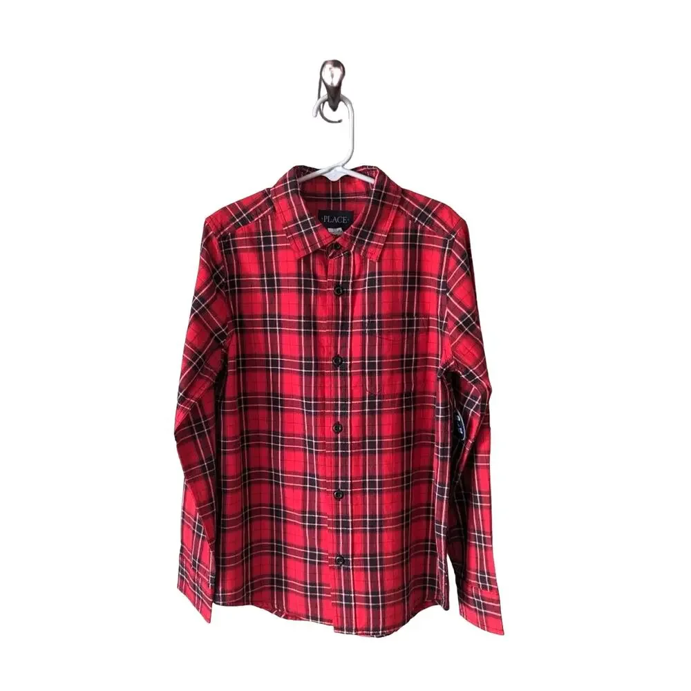 The Children's Place Boys Button Down Shirt M Red Tartan Plaid Holiday Festive